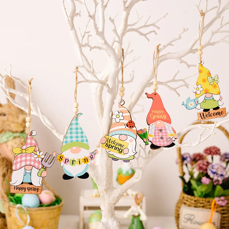 

5pcs/set Wooden Easter Rabbit Pendants Ornaments Happy Easter Party Bunny Faceless Gnome Hanging Decoration For Home Wood Crafts