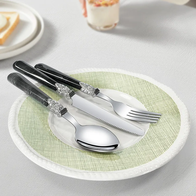 4Pcs/Set Flatware Knife Fork Spoon Stainless Steel Set Marble Plastic Handle Household Light Luxury Dessert Scoop Steak Knives