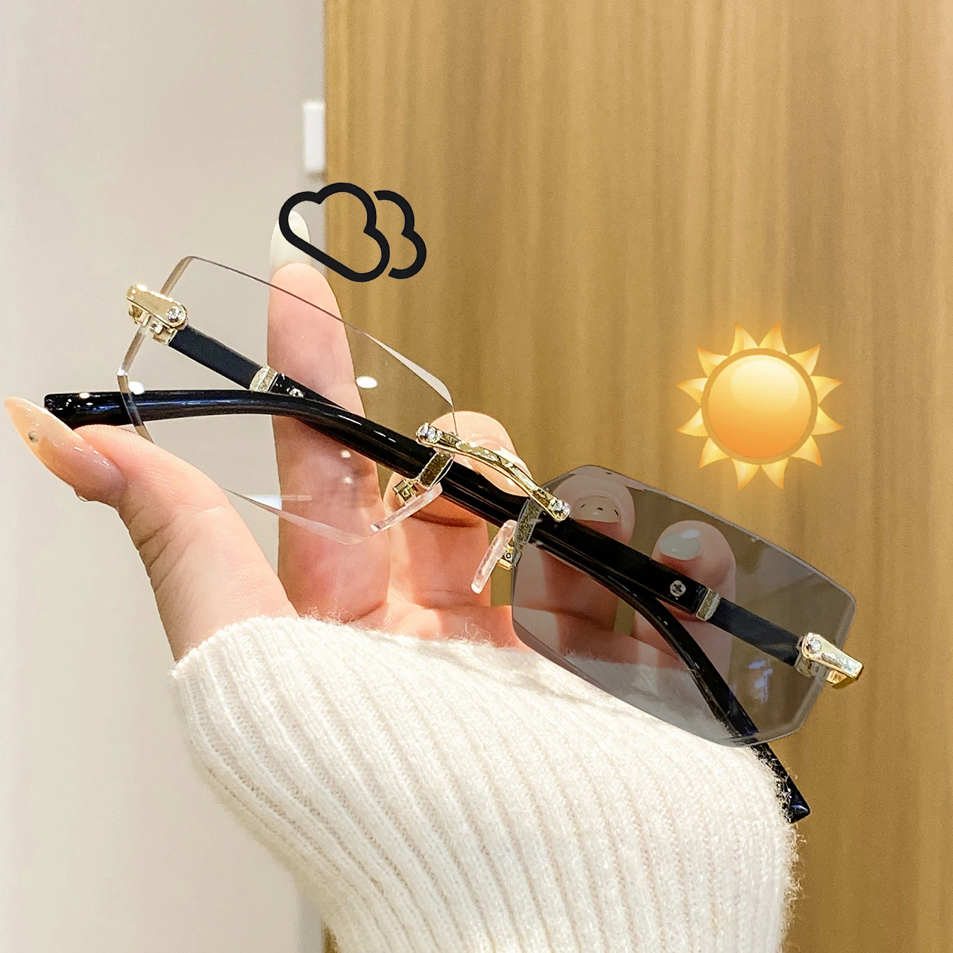 1 Pair of Women's Frameless Rectangular Metal Photochromic Glasses, Light Luxury, Elegant, Versatile and Fashionable Women's Glasses, Suitable for Business Meetings, Outdoor Activities, Shopping, and Date Wear