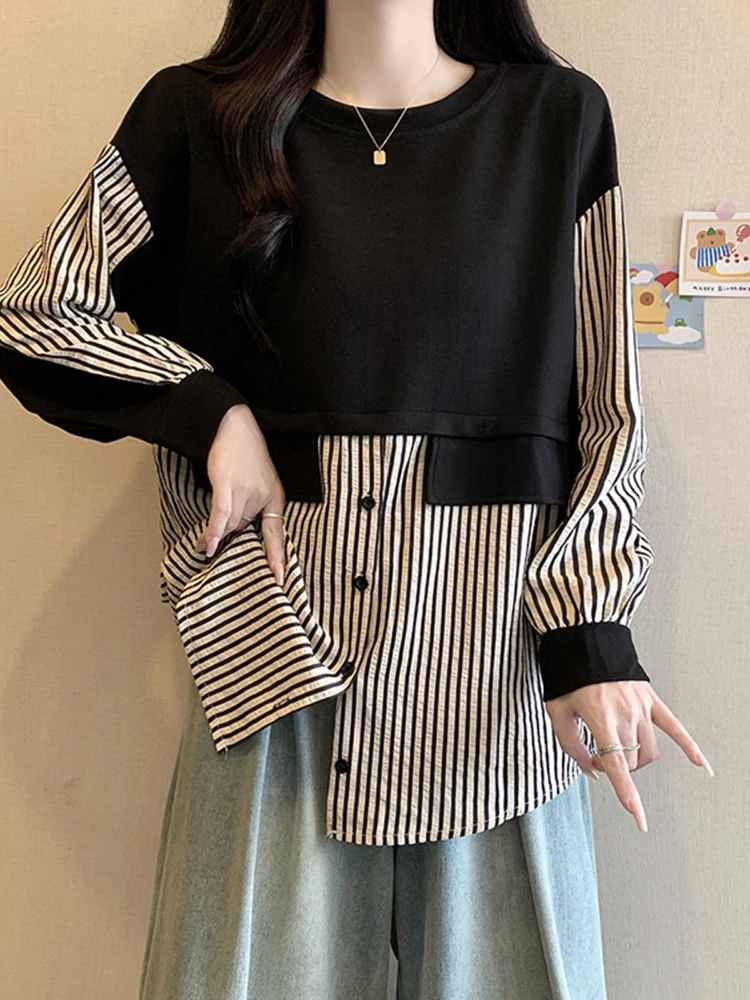 

Женская рубашка с имитацией двухслойности, весенняя новинка, контрастная полосатая рубашка с длинными рукавами, повседневный универсальный топ для работы и отдыха.