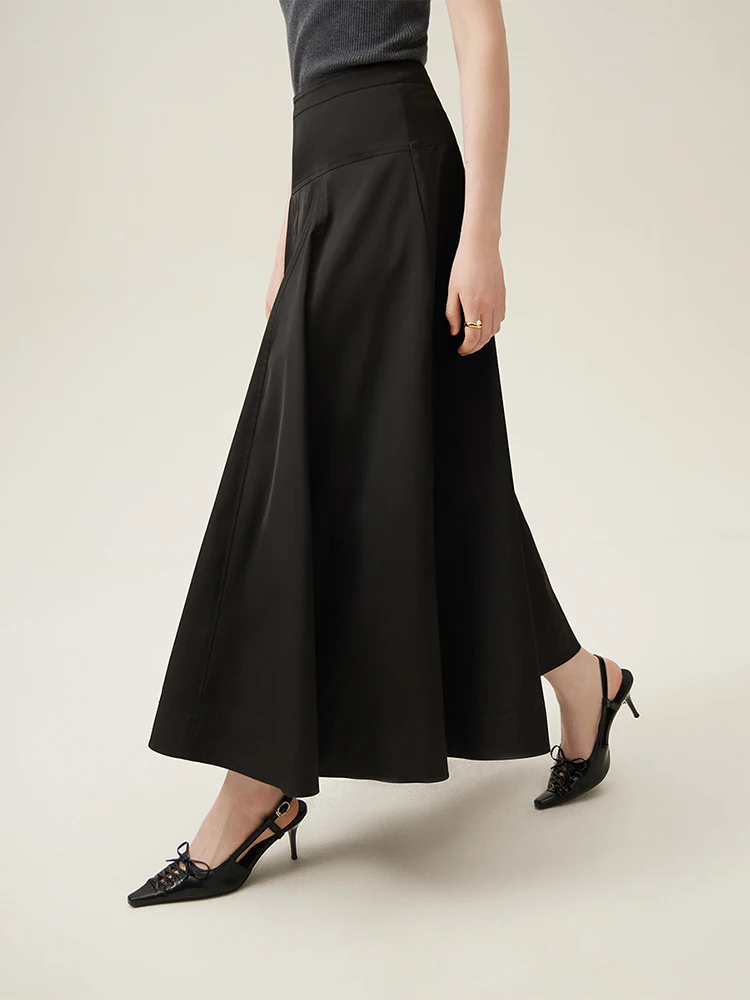 

FSLE Back Zipper Waist Design Women Black Temperament Ankle-Length Skirts Pleated Design Female Long Umbrella Skirt 24FS11184