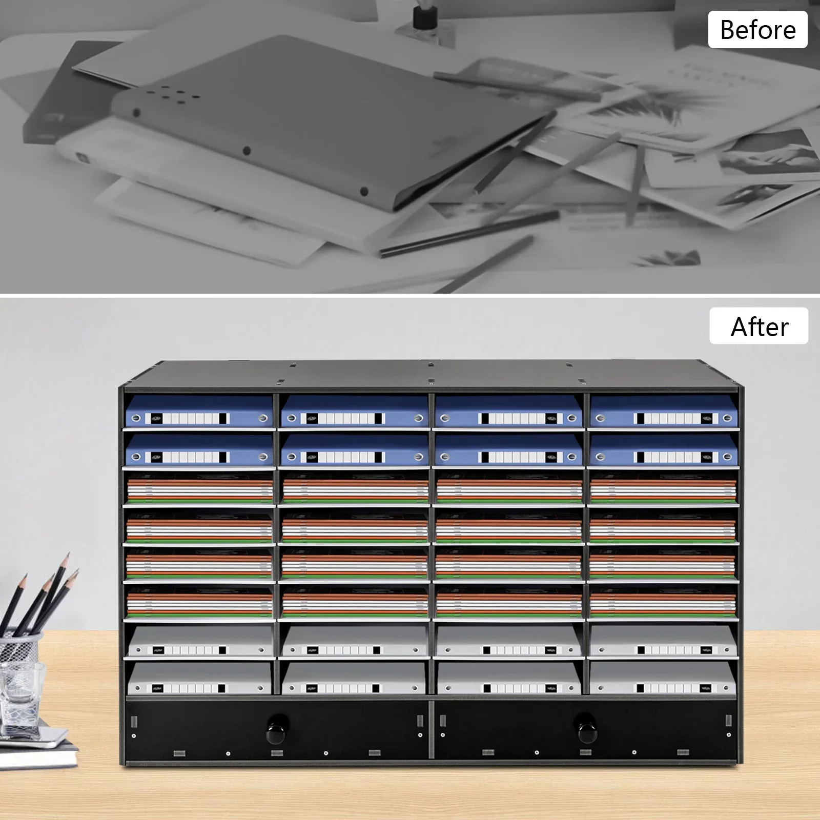 

32-Compartment Literature Organizer Office Mailbox With Adjustable Shelves+2 Drawers Sorter Countertop Literature Organization