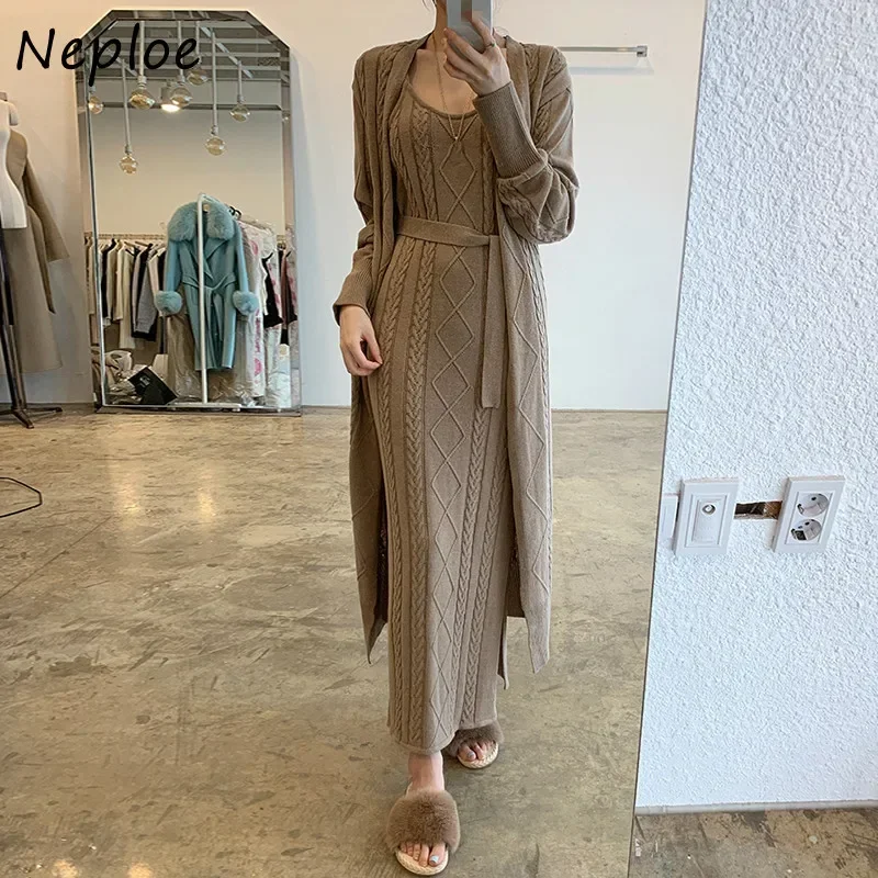 Neploe 2024 Autumn New Twist Patchwork Dress Chic Long Knitted Sweater Dresses Solid Color Sexy Camis Split Femme Vestidos