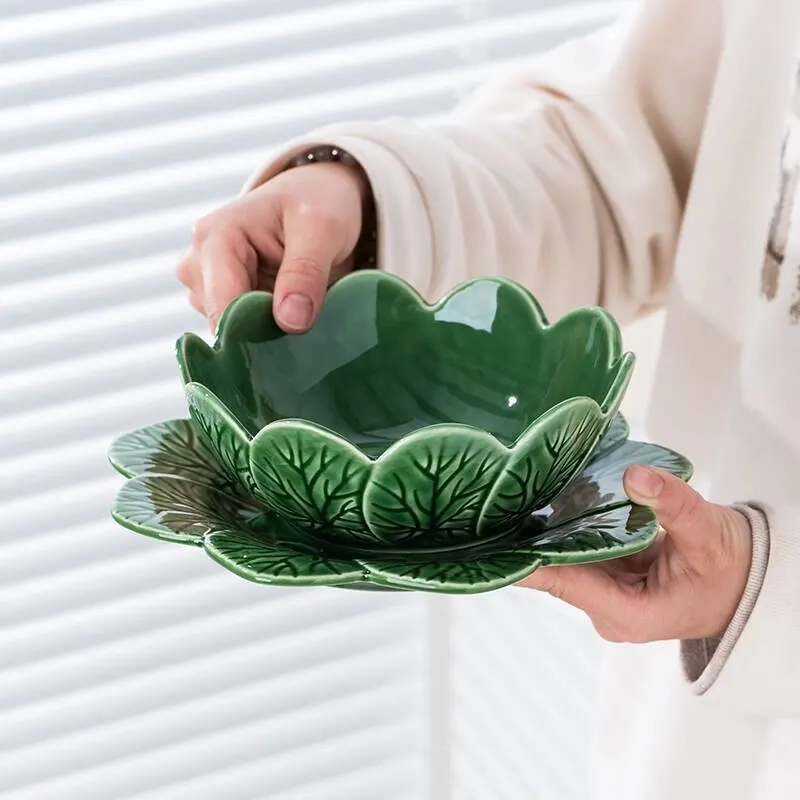 Dishes and dishes relief Portuguese leaves underglaze ceramic tableware plate surface dessert bowl shape green export