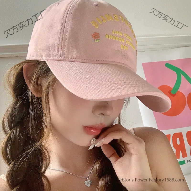 

Custom. Flower Pink Letter Embroidered Baseball Cap Women Spring and Summer Versatile Soft Top Big Circumference Peaked