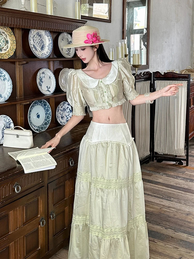 ReddaChic Cottagecore Crop Top Skirt Women Matching Set Vacation Lace Maxi Skirt Peter Pan Collar Blouse Retro Summer Clothes