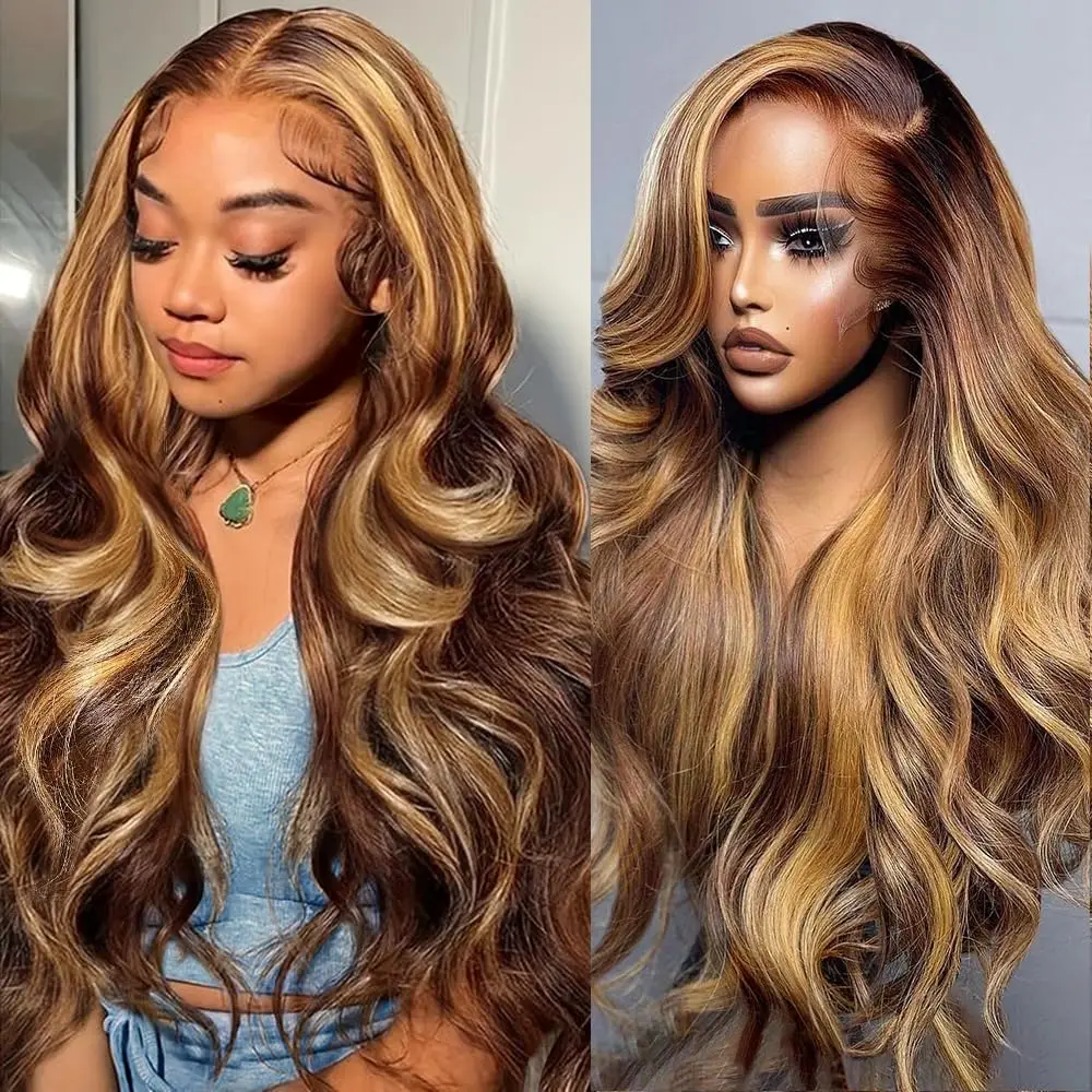 Body Wave Human Hair Wigs 4/27 Honey Blonde Ombre Pre-Plucked 13x4 Transparent Lace 250% Density Naturally For Women