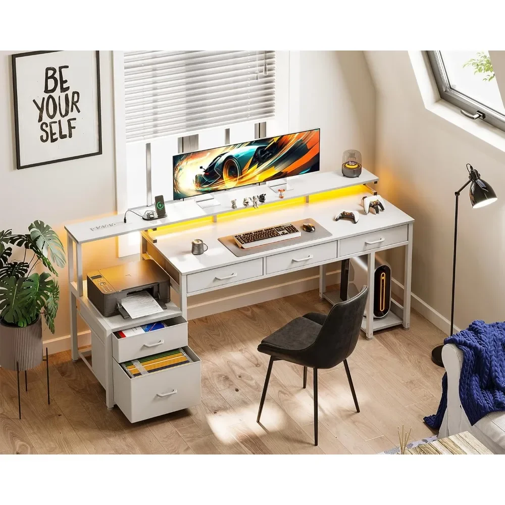 مكتب كمبيوتر مقاس 71 بوصة مع درج ملفات، مكتب مكتب قابل للعكس مع 4 أدراج ومخرج طاقة، شريط LED، مكتب مكتب منزلي مع