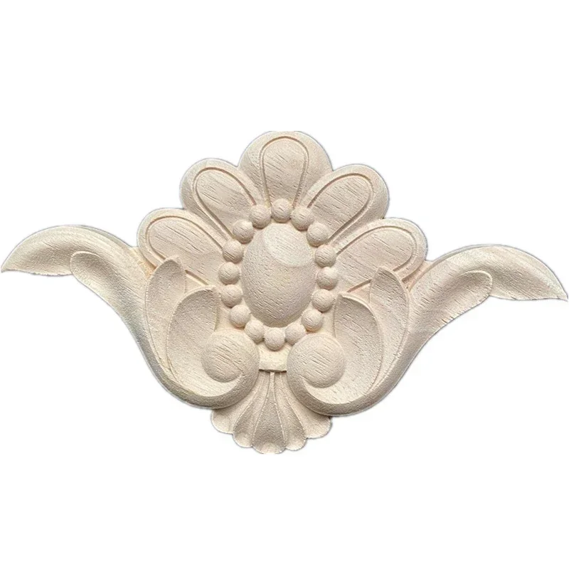 24cm Carved Unpainted Floral Wood Carved Corner Appliques Wooden Figurines Crafts Corner Appliques Frame Furniture Decorative