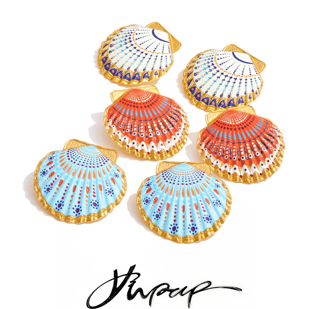 Yhpup oceano estilo aço inoxidável esmalte y2k concha de metal brincos grandes para mulheres joias de declaração de verão 2026 banhado a pvd