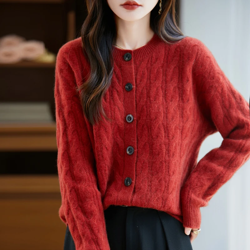 

Женский кардиган из 100% мериносовой шерсти, осенне-зимний, с узором косичка, в стиле ретро, толстый, мягкий, теплый, вязаный, женская одежда, топ, 2026