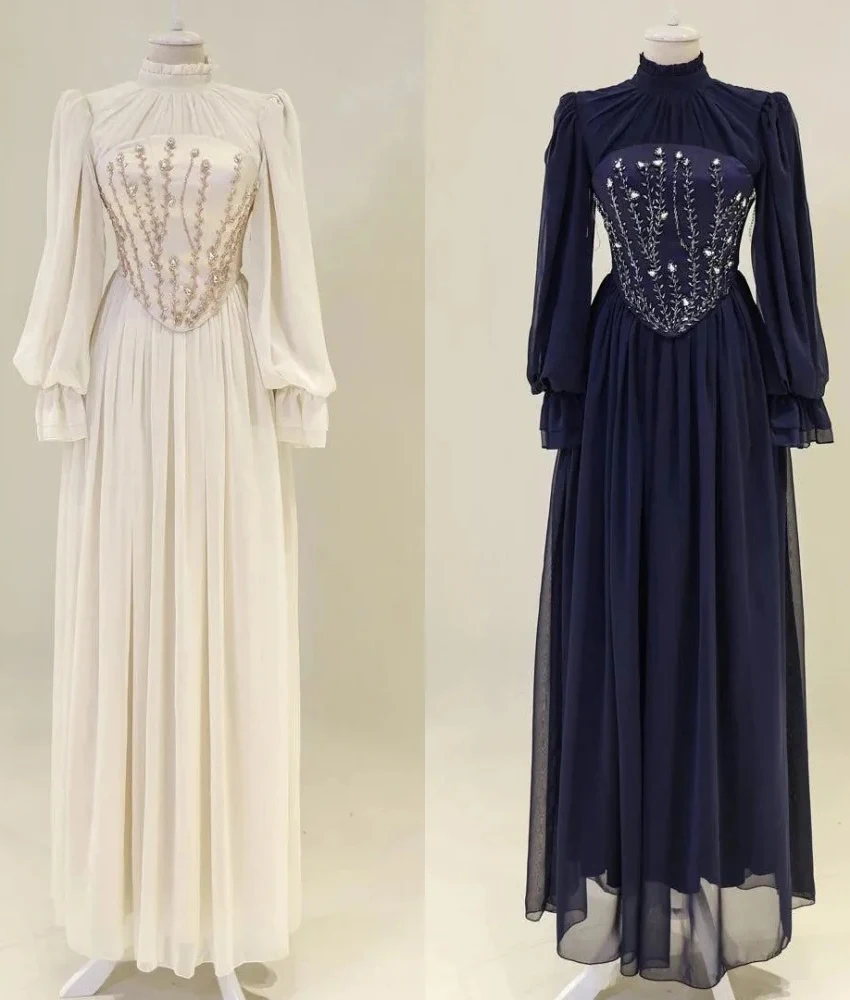 

Customized Graceful Chiffon A-Line Crystal Beading Evening Dress High Quality High Collar Long Sleeves Floor Length Prom Gowns