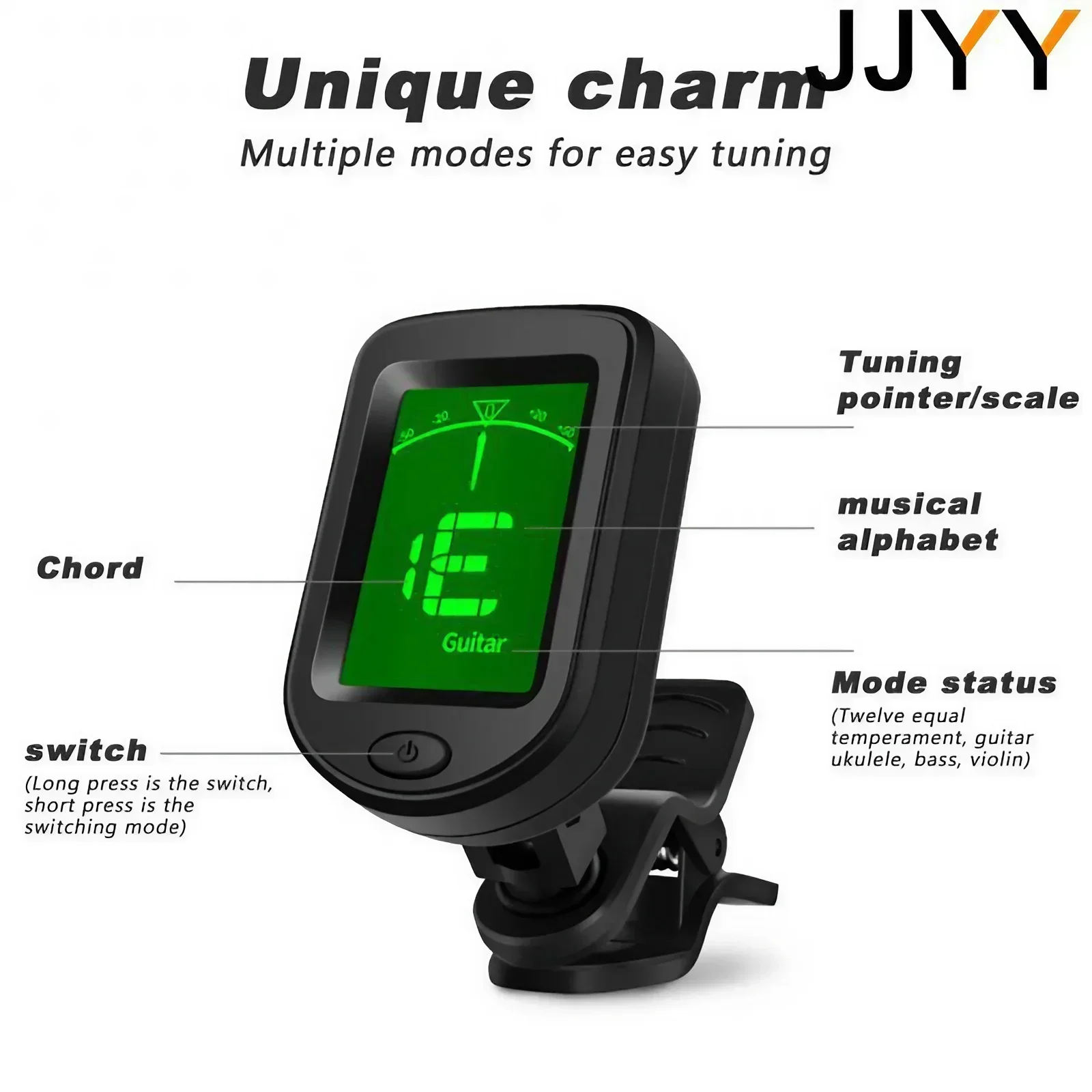 クリップオンデジタルギターチューナー 360度回転可能なLCDディスプレイ ポータブルユニバーサルチューナー ギター ウクレレ ベース練習用
