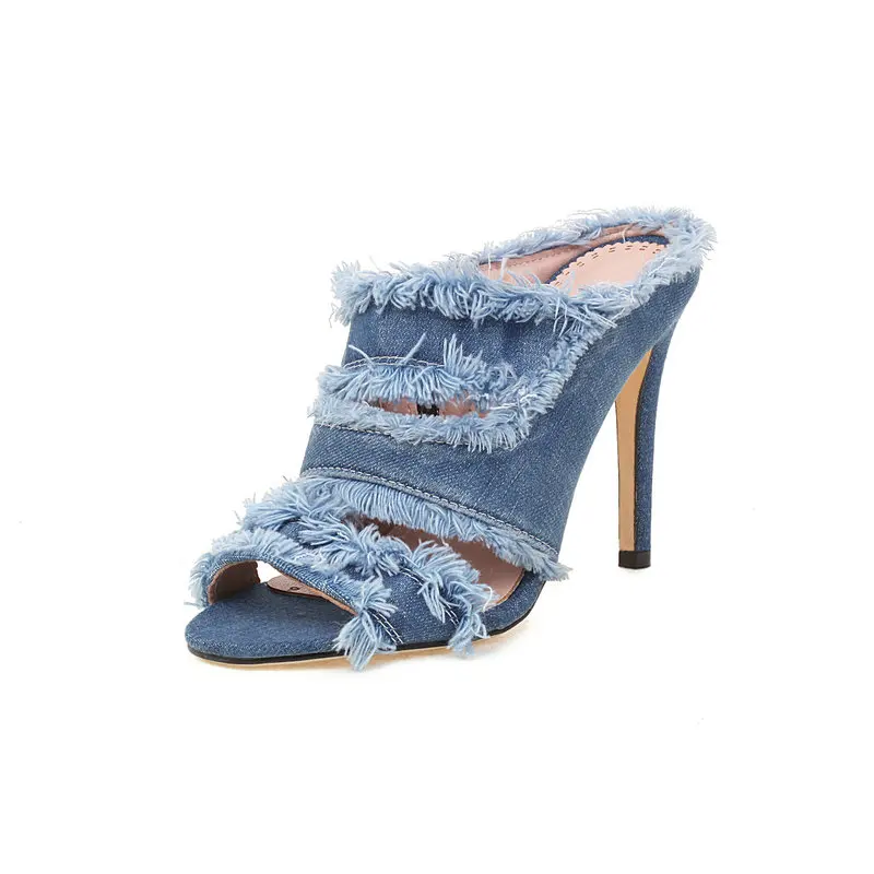 Lasyarrow thin high heels shoes women slippers peep toe jeans blue slingback women sandals slip on femmes sandalias size 34-43