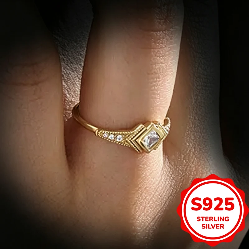 Genuine S925 Sterling Silver 14K Gold Art Deco Princess Cut Zircon Ring Multi-layer Square Beaded  Luxury Women Wedding Ring