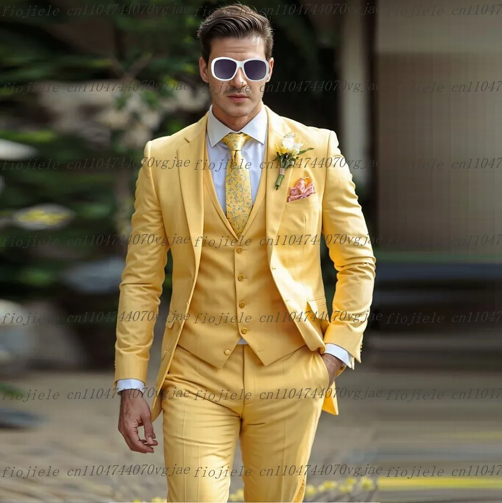 

Yellow Men Suit Formal Wedding Party Groom Groomsman Business Male Tuxedos Customized 3 Piece Set Jacket Vest Pants