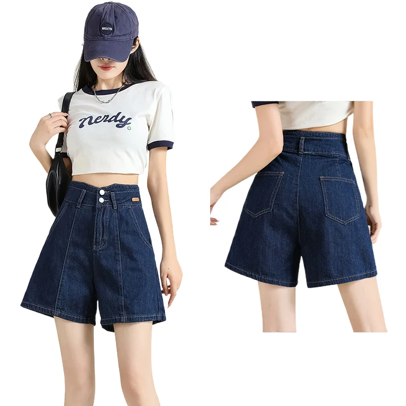 

Street Fshion Double-button High-waisted Denim Shorts,Women's New Summer Baggy A-line Wide-leg Jeans,Spice Girl Casual Hot Pants