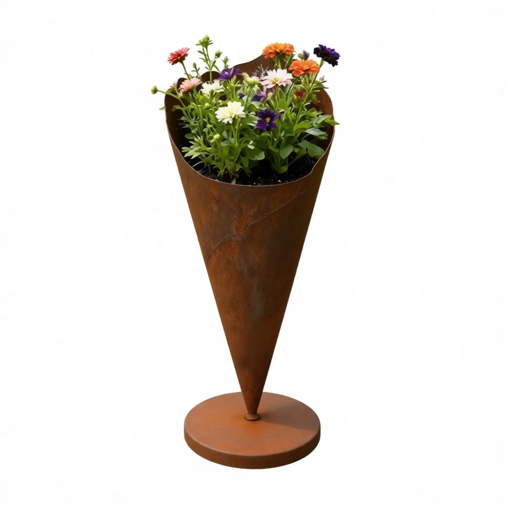 Artistic Iron Ice Cream Cone Flower Pot Rusty Surface Metal Planter Decorative Succulent Container For Garden Patio Decor