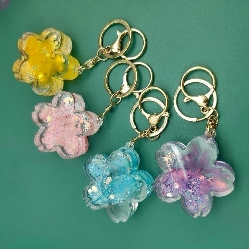 Moving Liquid Sakura Quicksand Keyring Key Chain Flower Bubble Glitter Floating Sweet Cute Gift Bling Transparent Acrylic K0092