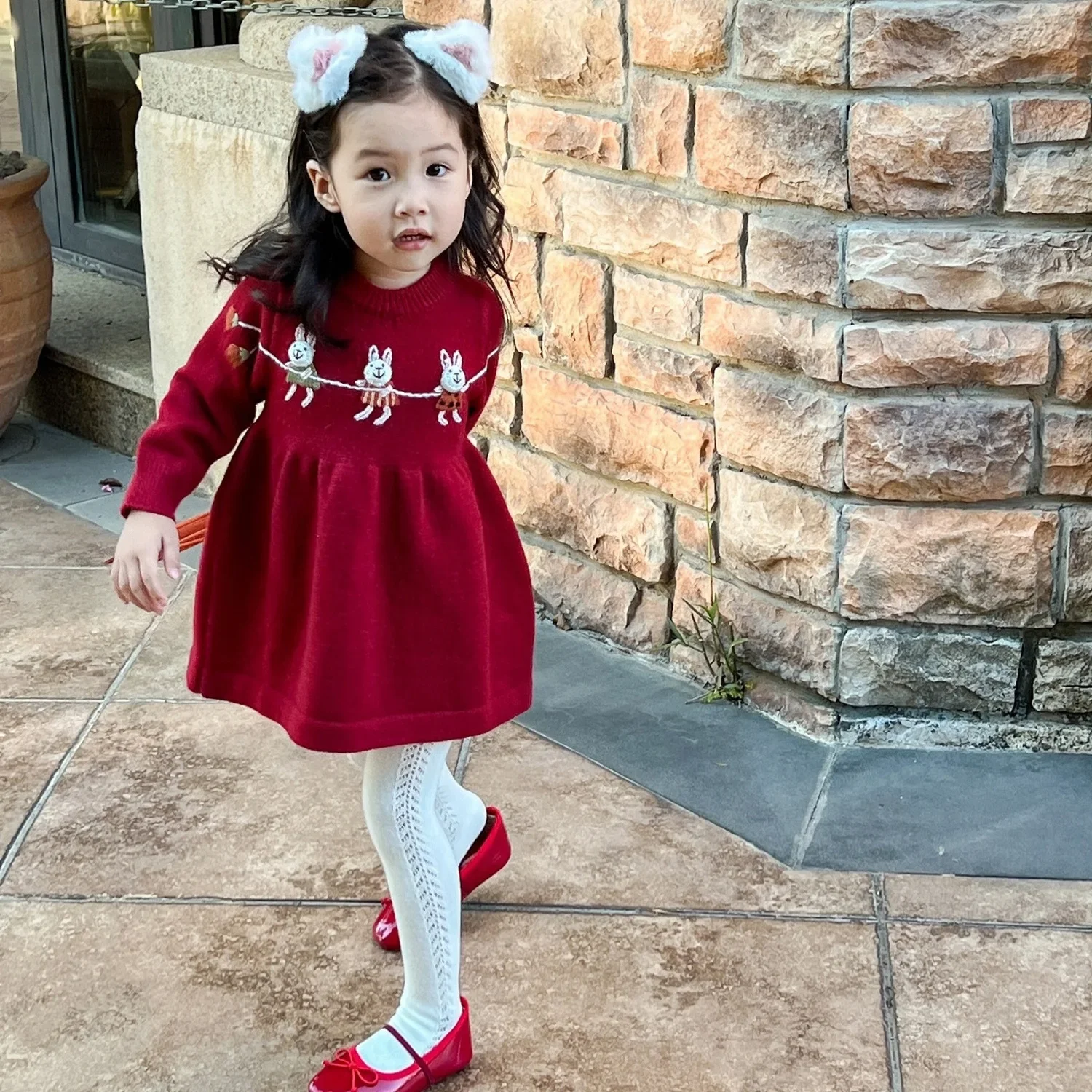 

Baby Girls Knitted Sweaters Dress Cute Rabbits New Year Christmas Vestidos Clothing Kids Children Birthday Princess Clothes