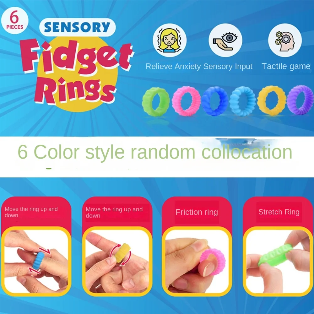 6Pcs Durable Stress Relief Sensory Toy Silicone Silent Stress Reducer Anxiety Rings Fidget Ring Kids