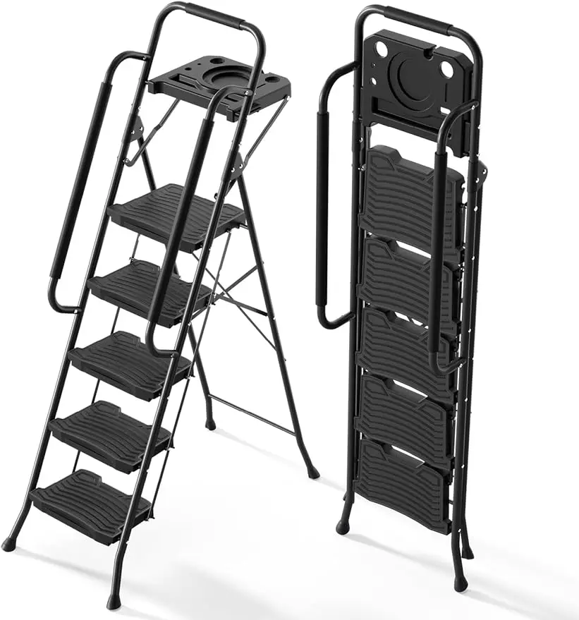 5 Step Ladder with Tool Platform Sturdy Step Stool with Handrail Folding Steel Ladder with Wide Pedal