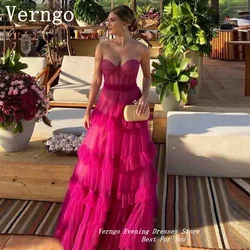 Verngo Rose Pink Tiered Prom Gowns For Women Fuchia Party Dress Sweetheart A Line Evening Dress Sleeveless Ruchede Formal Dress