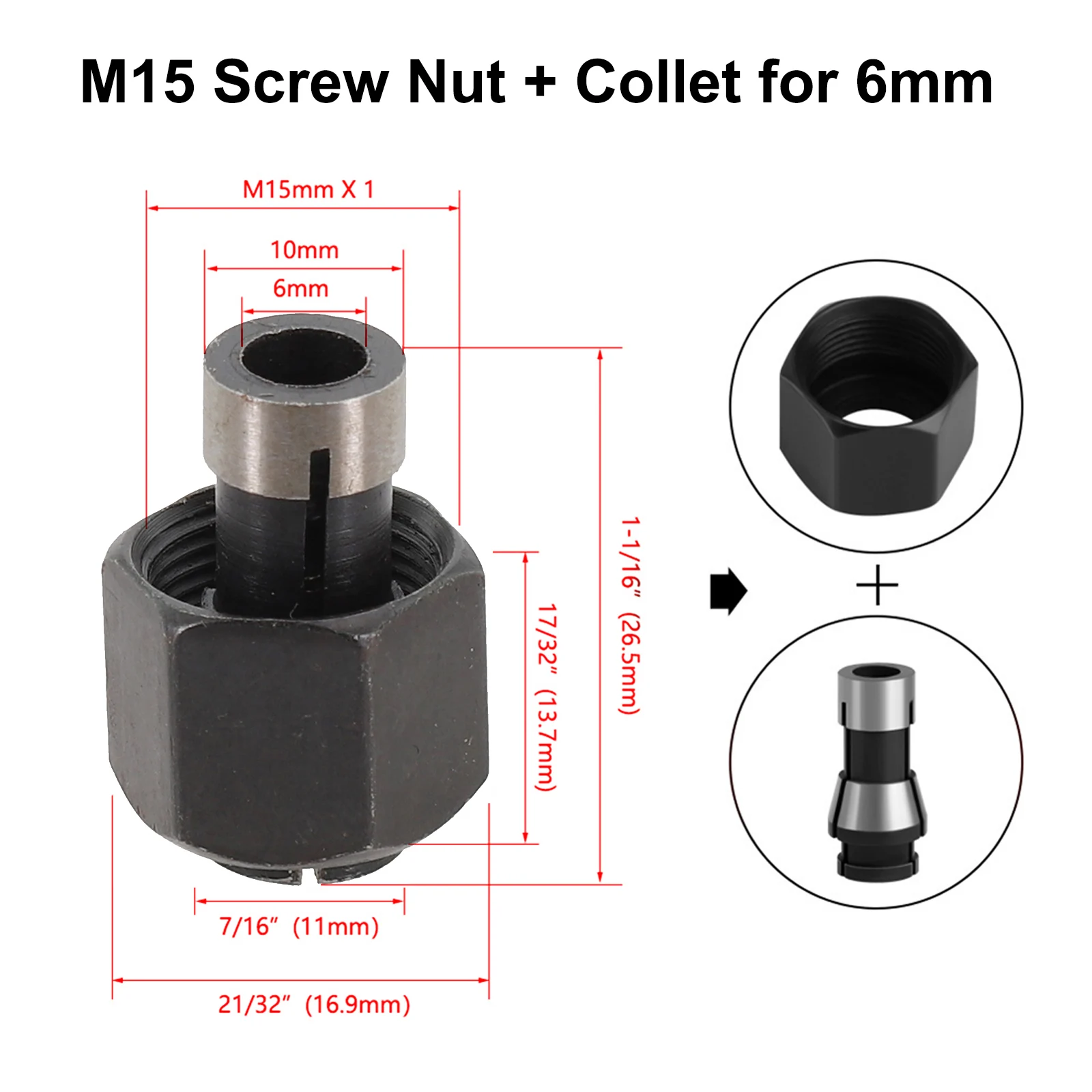 1set M15 Screw Nut And Carving Machine Collect For 6mm Trimming Machine Woodworking Steel Woodworking Accessories Adapter