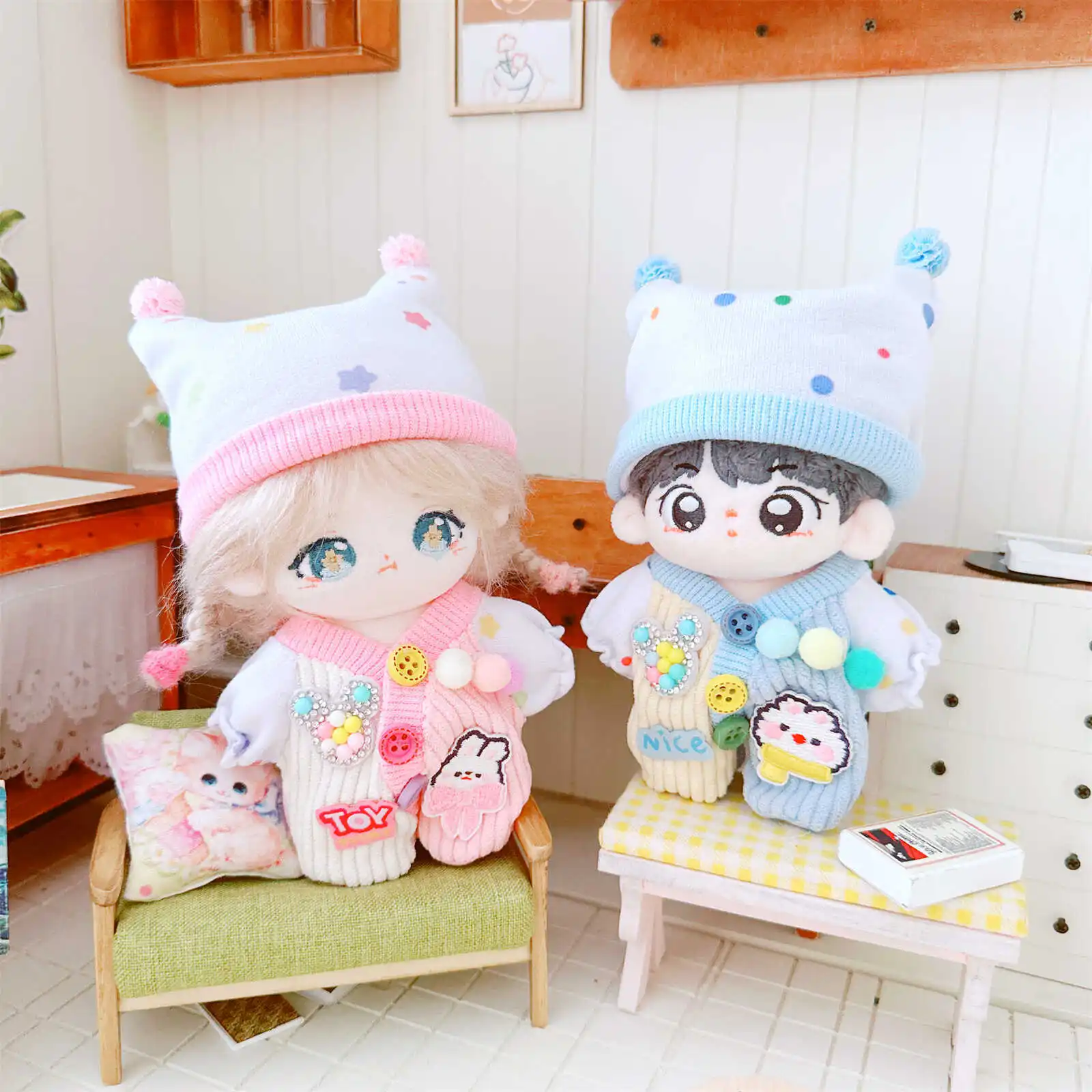 10/20cm Kawaii Idol Doll Clothes for Pink Blue Pajamas Set Cute Stuffed Cotton Doll Clothes DIY Dress Up Changing Clothes Games