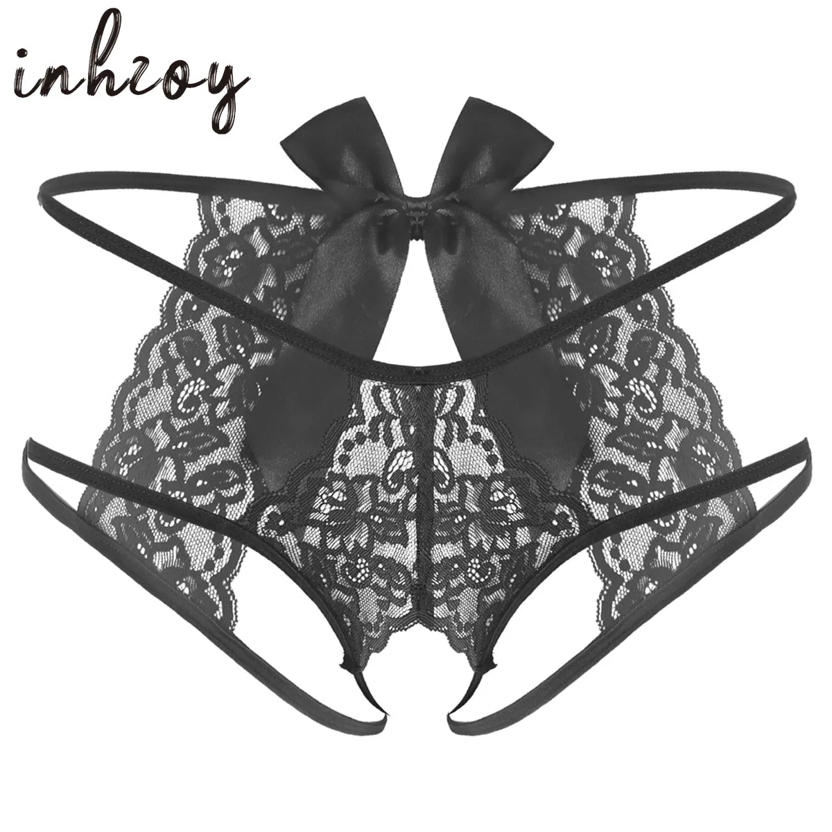 Mens Sissy Crotchless Thongs Lingerie Gay Male See-through Lace Bowknot Strappy G-string Briefs Panties Crossdress Underwear