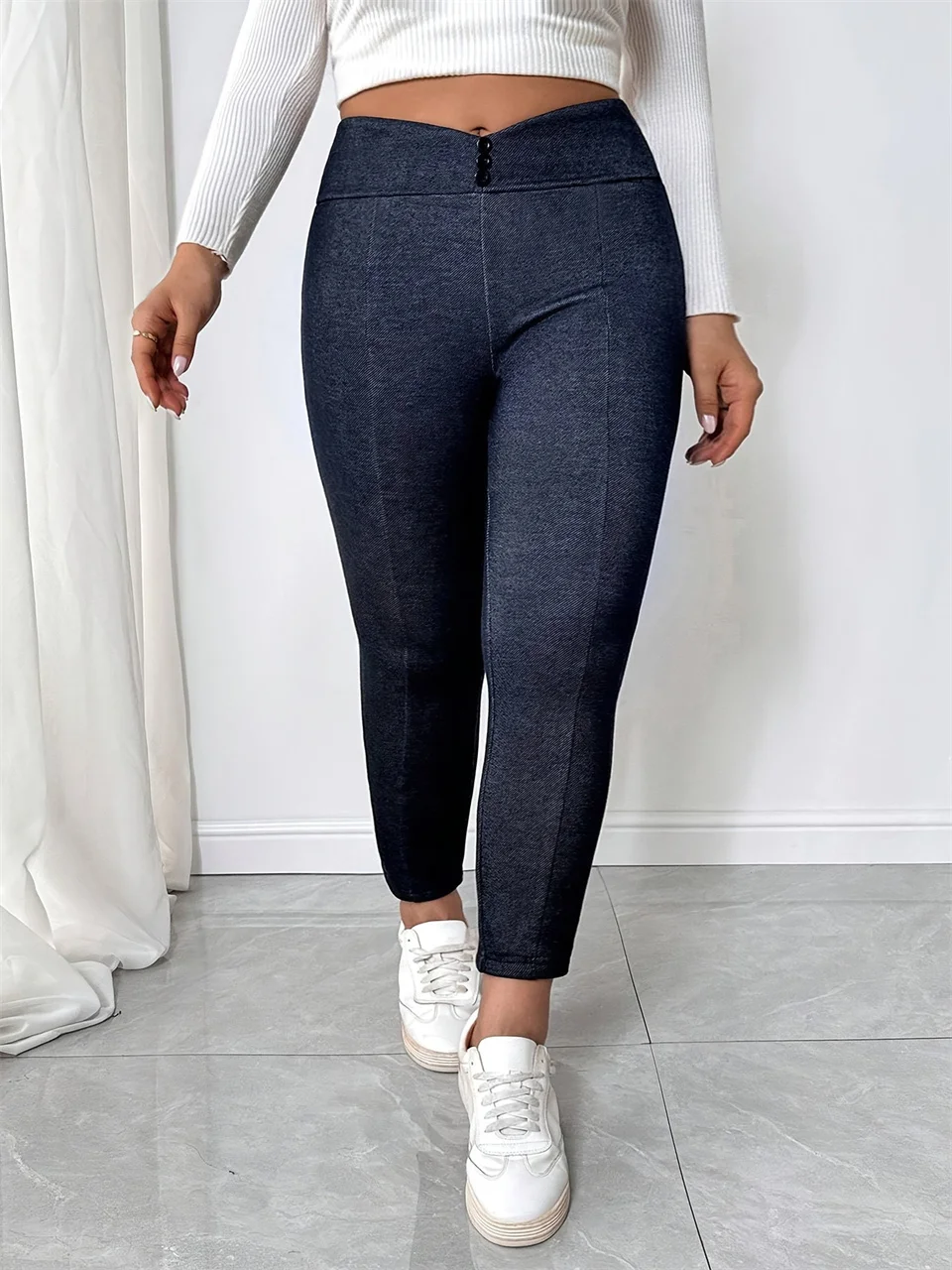GIBSIE Plus Size Fashion Button Detail Thicken Pencil Pants Women 2025 Autumn Winter Fleece-lined Casual All Match Warm Pants