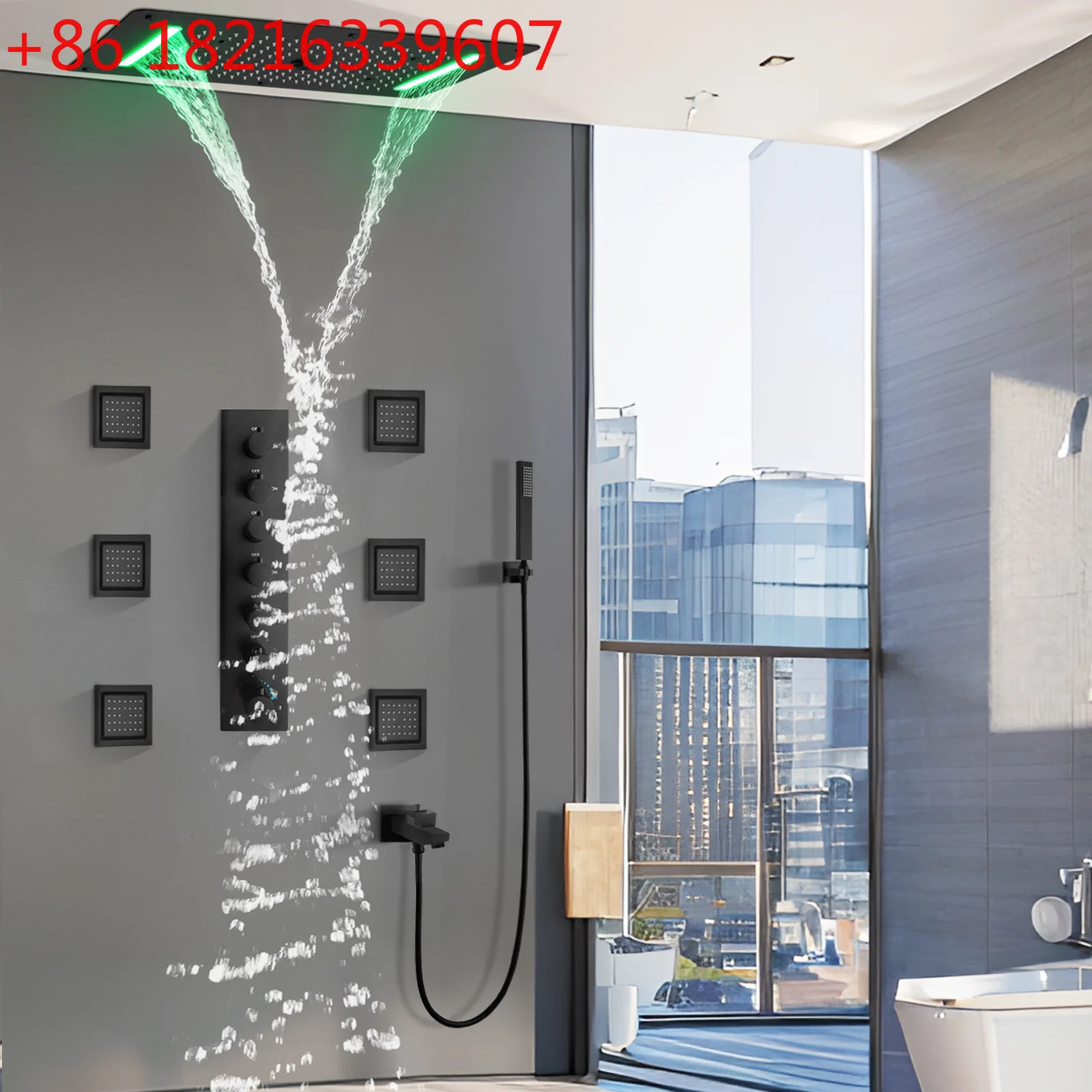 Bathroom ceiling concealed LED shower top spray 700*380mm black constant temperature massage