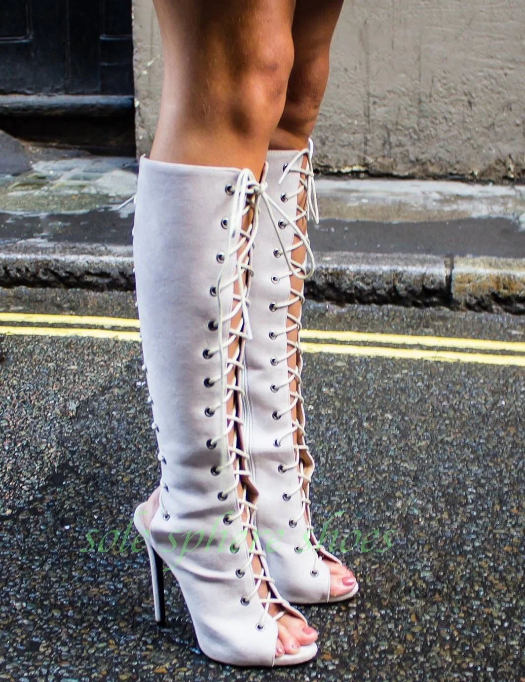Lady Suede Open Toe Lace-Up Sandals Knee Boots Slingback Sexy Suede Runway Footwear Size Stiletto Heel Knee Boots Size 34-46