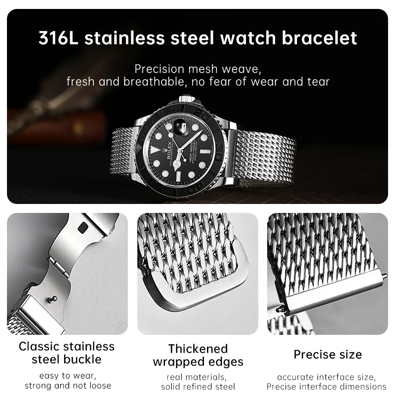 MAIKES 316L Stainless Steel Watch Strap For Rolex Omega IWC Breitling 20mm 21mm 22mm Milanese Woven Watch Band