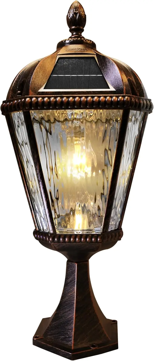 

Solar Post Light with Pier Base, Brushed Bronze Finish Aluminum and Beveled Glass, Royal Bulb 150 Lumens