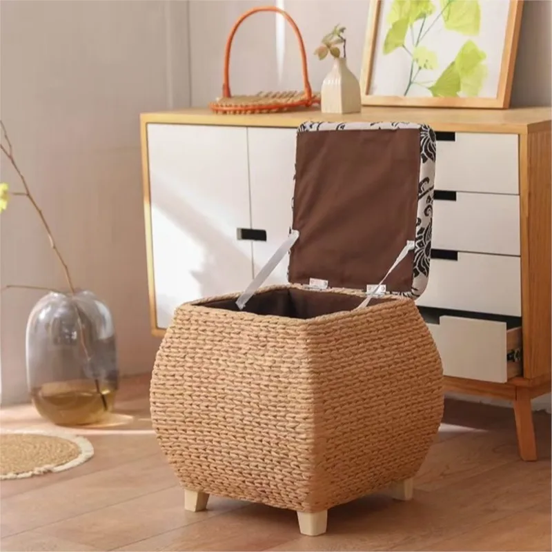Handmade cow tendon paper rattan woven square drum stool, solid wood frame, breathable linen seat surface, storage stools