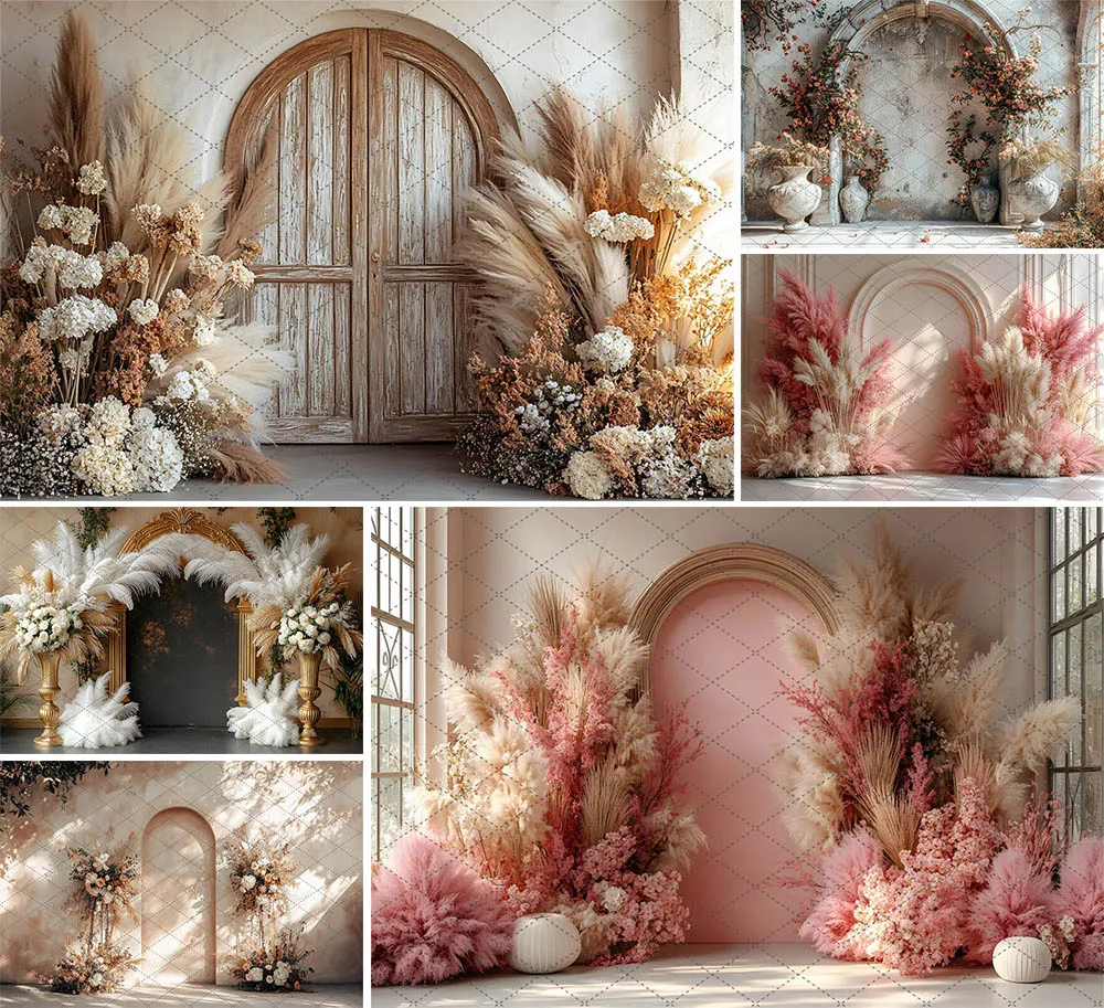 

Mehofond Photography Background Floral Boho Chic Backdrop Maternity Portrait Red Blossom Sunset Beige Pampas Wedding Photozone