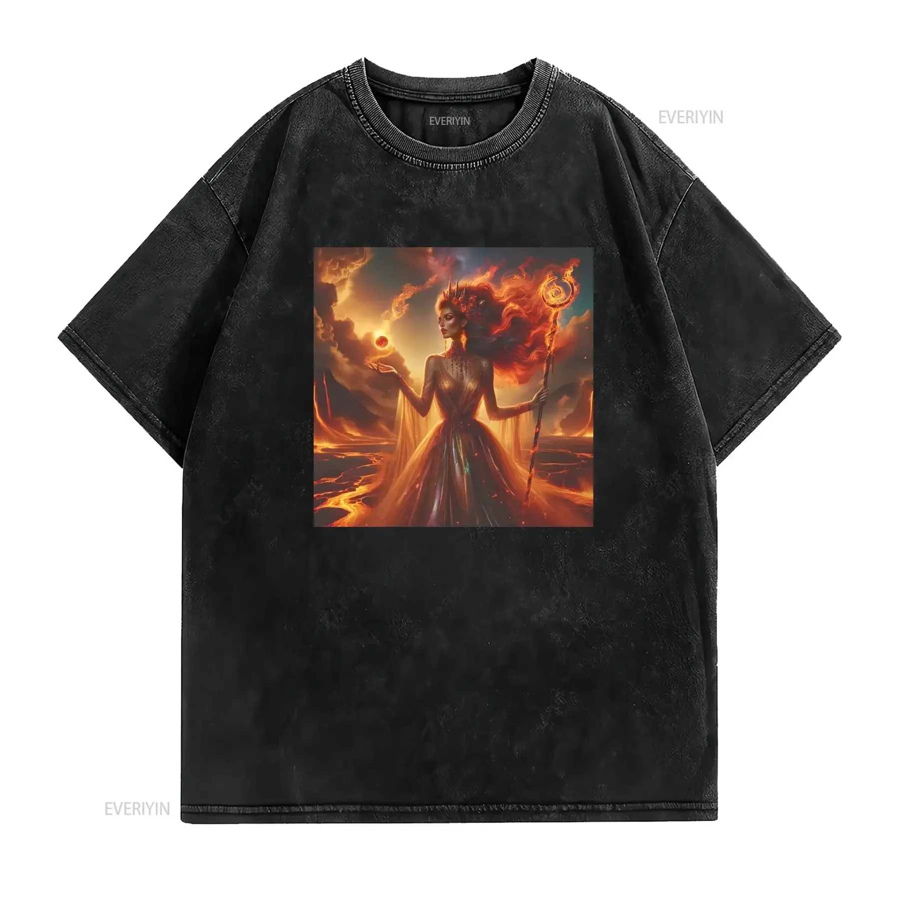 Adult T Shirt Fiery Sorceress Digital Art Flames vintage Washed Stylish Stretched streetwear fashion designer clothes graphic