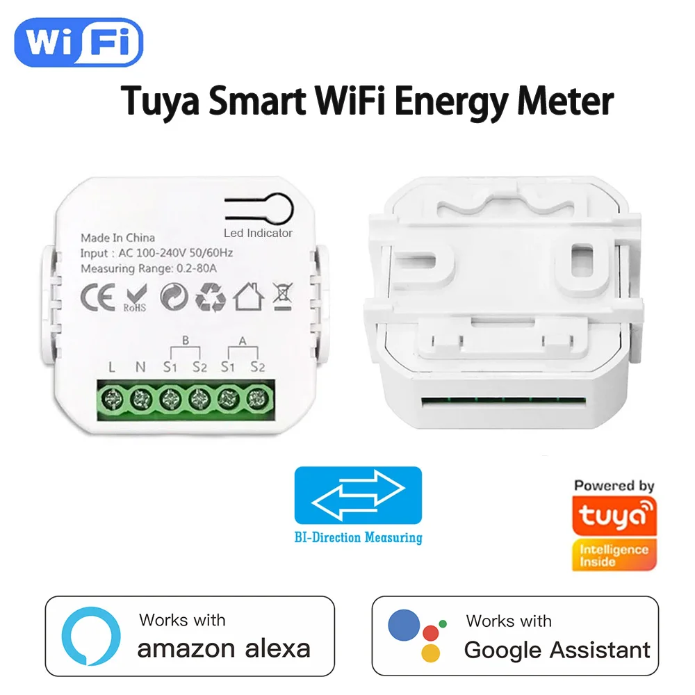 Tuya WIFI Smart Energy Meter Bidirection 1, 2 Channel with Current Transformer Clamp App Monitor Power 80A 100V/240V 50/60Hz