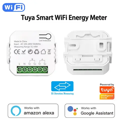Tuya WIFI 스마트 에너지 미터 양방향 1, 전류 변압기 클램프가 있는 2 채널 App 모니터 전력 80A 100V/240V 50/60Hz