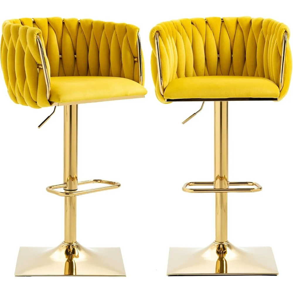 

Modern Velvet Swivel Bar Stools Set of 2, Hand Woven Backrest, Comfy Adjustable Counter Height Barstools with Gold Square Base