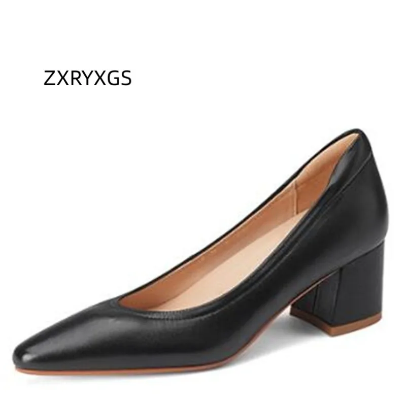 

ZXRYXGS Premium 100% Genuine Leather Pointed Shallow Mouth Thick with Mid Heels 2024 New Temperament Elegant Work Banquet Shoes