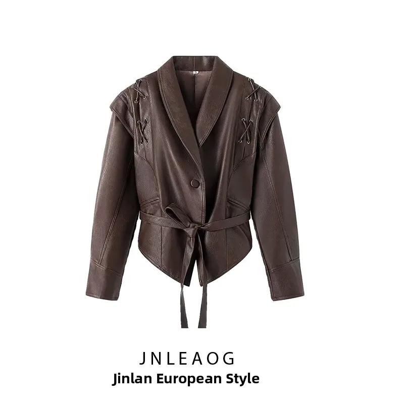 ZBZA printemps nouveau Faionable marron cuir Jaet femmes rue Sle Long Sve Polyester Fiber rétro Design tout-Match manteau