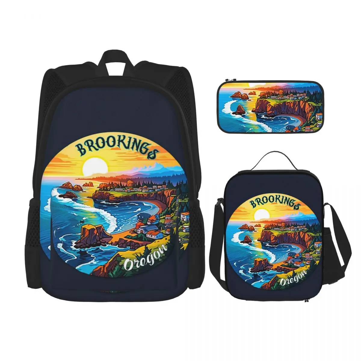 

Brookings Oregon Seaside Backpacks Boys Girls Bookbag Students School Bags Kids Rucksack Lunch Bag Pen Bag Three-Piece Set