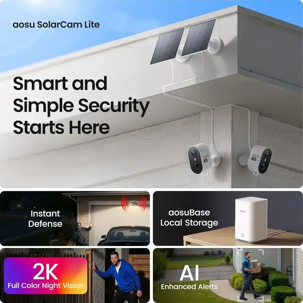 Solar Security Cameras Wireless Outdoor, 2K HD Home Security Camera System, PIR + AI Human Detection, Color Night Vision, Easy t