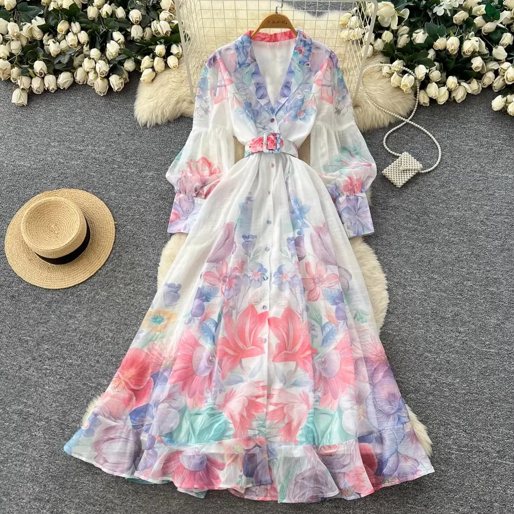 

Весеннее праздничное макси-платье с цветочным принтом, элегантное, с вырезом, на одной пуговице, с рукавами-фонариками, с поясом, для выпускного вечера, льняное.