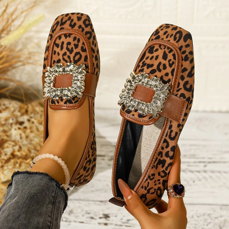 

Soft Sole Leather Shoes Fashion Square Toe Deep Slip Rhinestone Square Buckle Soft Sole Non-Slip Plus Size Flats