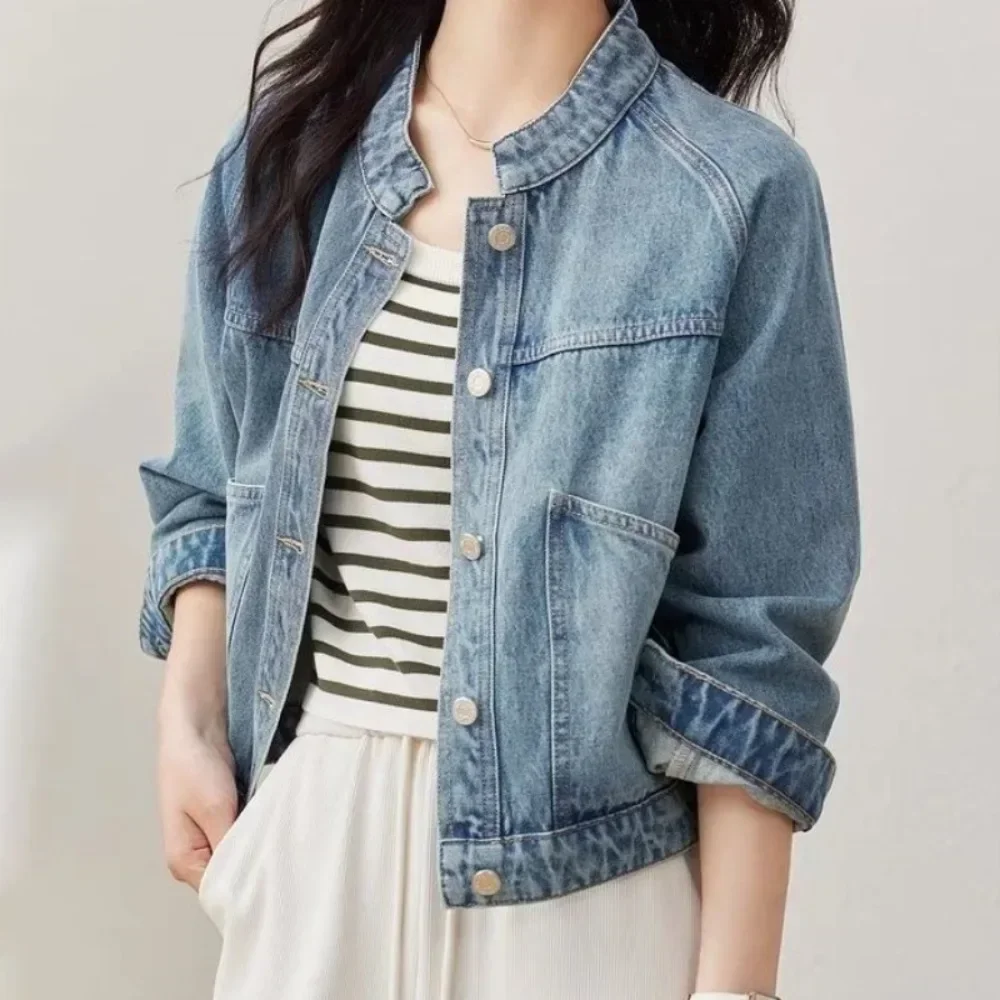 

Куртка для женщин, однотонное ковбойское пальто с воротником-стойкой и шипами, женское весеннее пальто 2025, трендовое корейское винтажное пальто