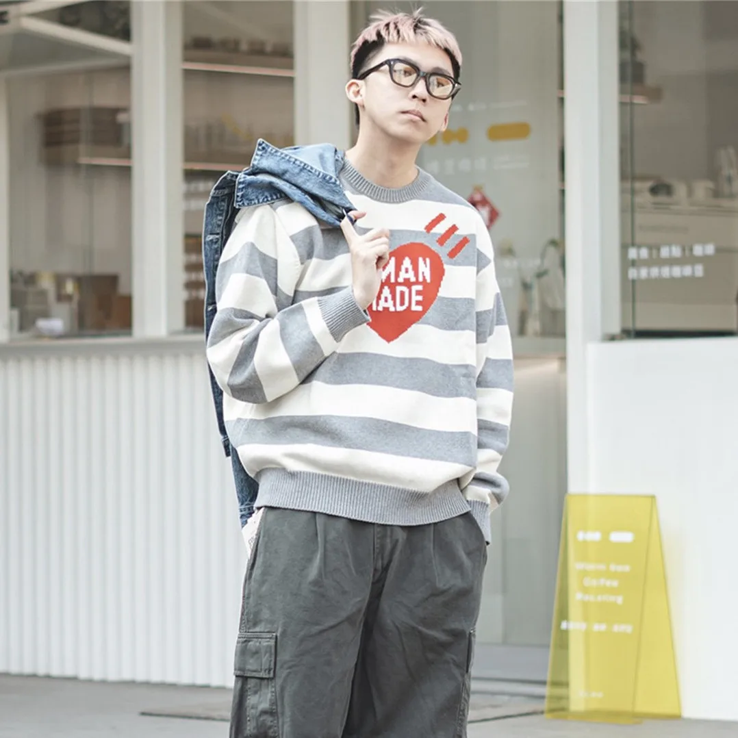 Human Made striped heart-shaped letter sweater knitted sweater loose fitting mens and womens casual wear round neck warm sweater