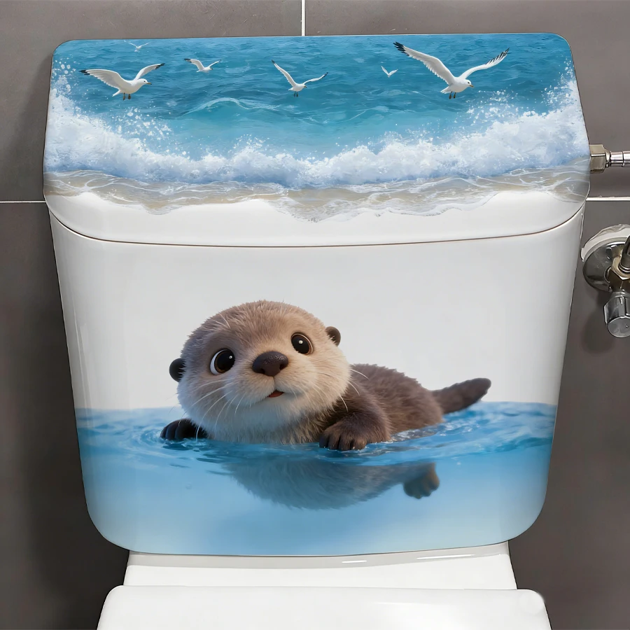 1Pc Cute Otter Toilet Tank Sticker,Ocean Wave Vinyl Decal For Bathroom Decor, Adhesive Wall Art Home Decoration Accessories